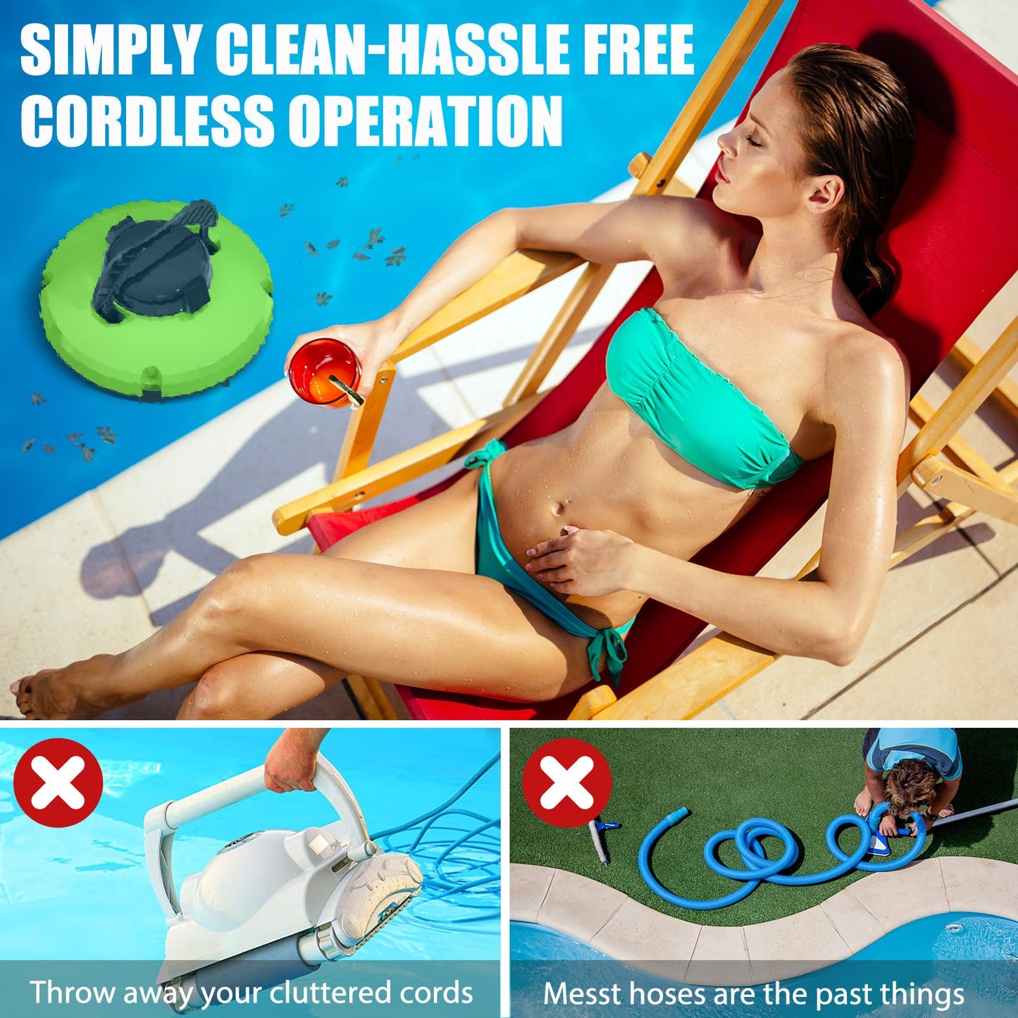 Pool Vacuum for Above Ground Pool Robot, Cordless Robotic Pool Cleaner for In - Ground Flat Pools up to 1000 Sq.Ft, Automatic Robot Pool Cleaner with Self - Parking Tech 120 Mins