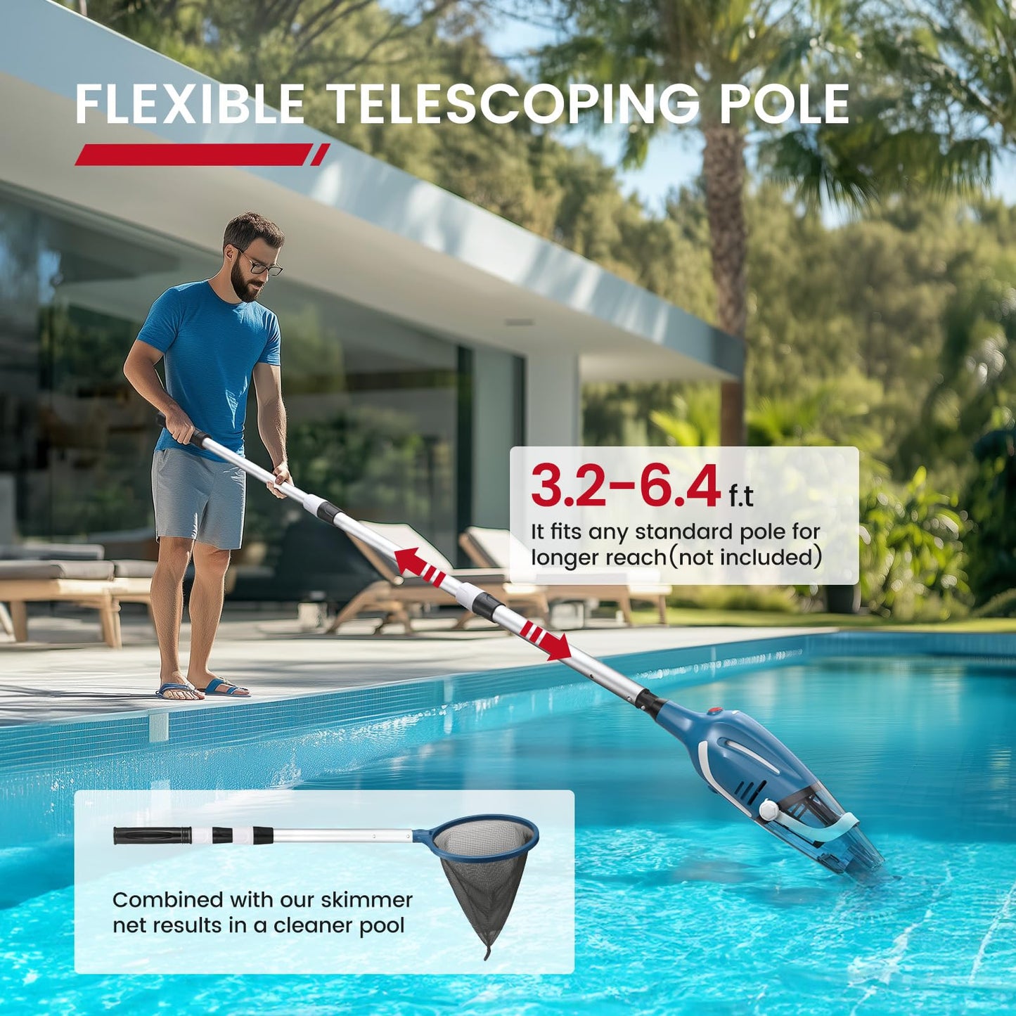 Enhulk Pool Vacuum for Above Ground Pool, 2025 Upgraded Pool Vacuum with A Telescopic Pole, 18.5 Gal/Min Powerful Suction, 80Mins Runtime, Effortlessly Cleans Debris Underwater (Blue)