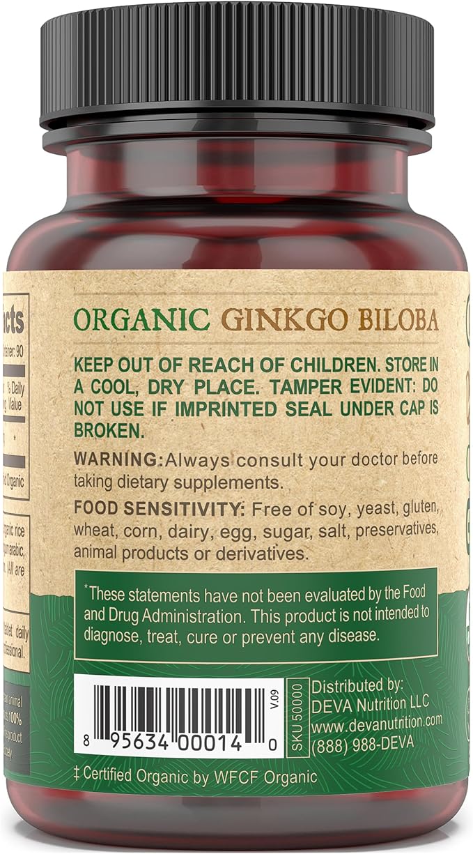 DEVA Vegan Ginkgo Biloba Dietary Supplement, USDA Organic, Vegan Society Certified, Easy-to-Swallow Tiny Tablets, 300 mg., 90-Count Bottle