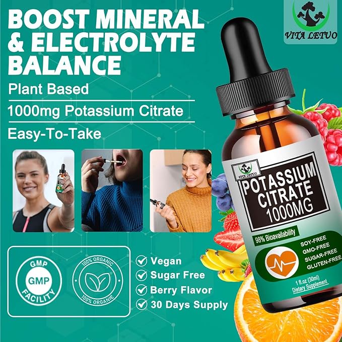 (2 Pack) Potassium Supplement Drops, Highly Absorbable Potassium Citrate 1000mg Support Electrolyte Balance,Muscle Cramp Relief,Heart Health,Sleep,Essential Mineral Liquid Drops for Women & Men