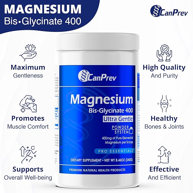 CanPrev Magnesium Bisglycinate 400 Ultra Gentle Powder 240g 48 Servings, 400mg Elemental Magnesium Per Scoop, Supports Restful Nights, Muscle Function, Gentle on Digestion, Vegan, Non-GMO, Gluten-Free