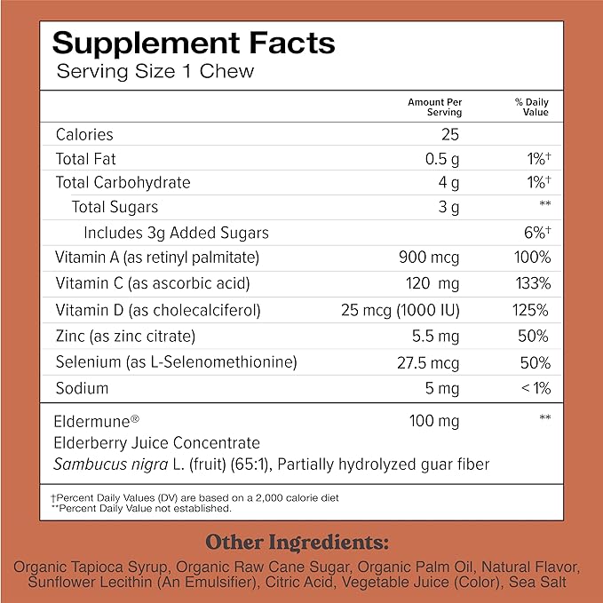 Chewsy 6-in-1 Immune Support Supplement Fruity Chews with Elderberry, Vitamin C, A & D, Zinc & Selenium - 30-Day Supply, Individually Wrapped Immunity Vitamins Chews for Adults and Kids (1)