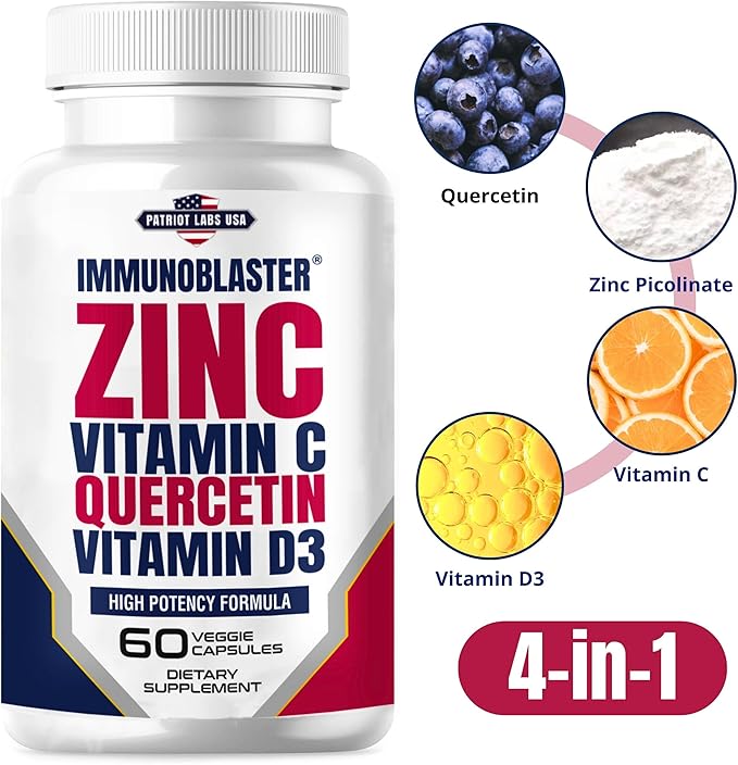 (2 Pack) ImmunoBlaster Zinc Quercetin 500mg with Vitamin D and C Antioxidant Immune Support High Potency Quercetin Zinc Supplement for Men and Women - Gluten, Soy, & Dairy Free - 120 Count (Twin Pack)