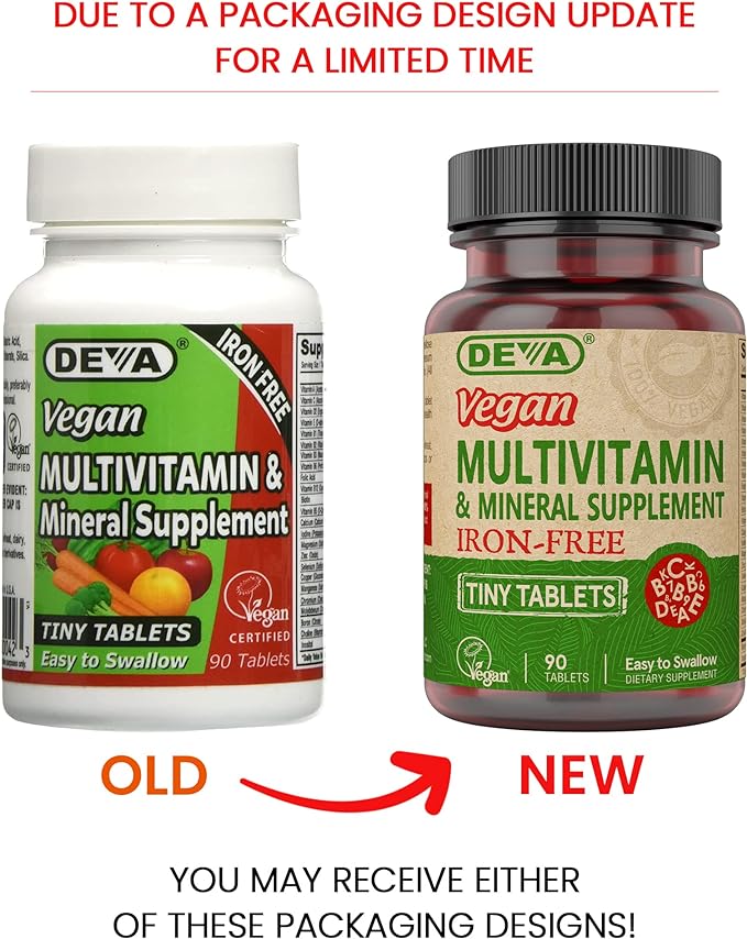 DEVA Vegan Iron-Free Multivitamin & Mineral Supplement, Vitamin C, D2, E & B-Complex, Biotin, 90 Tiny Tablets