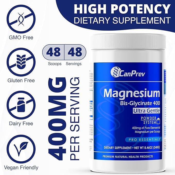 CanPrev Magnesium Bisglycinate 400 Ultra Gentle Powder 240g 48 Servings, 400mg Elemental Magnesium Per Scoop, Supports Restful Nights, Muscle Function, Gentle on Digestion, Vegan, Non-GMO, Gluten-Free