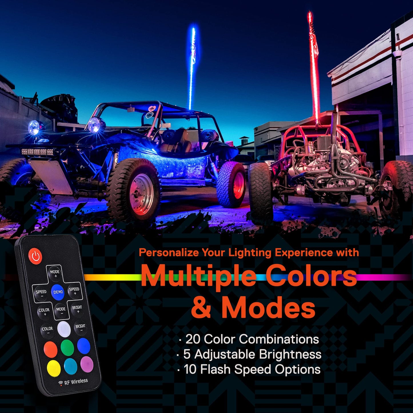 True Mods 2pc 6ft RGB LED Whip Light for UTV ATV [RF Wireless Remote] USA Flag Waterproof LED Lighted Whip CB Antenna Pole Stick for RZR Can-Am Polaris SxS 4x4 Quad Dune Buggy 4 Wheeler Accessories