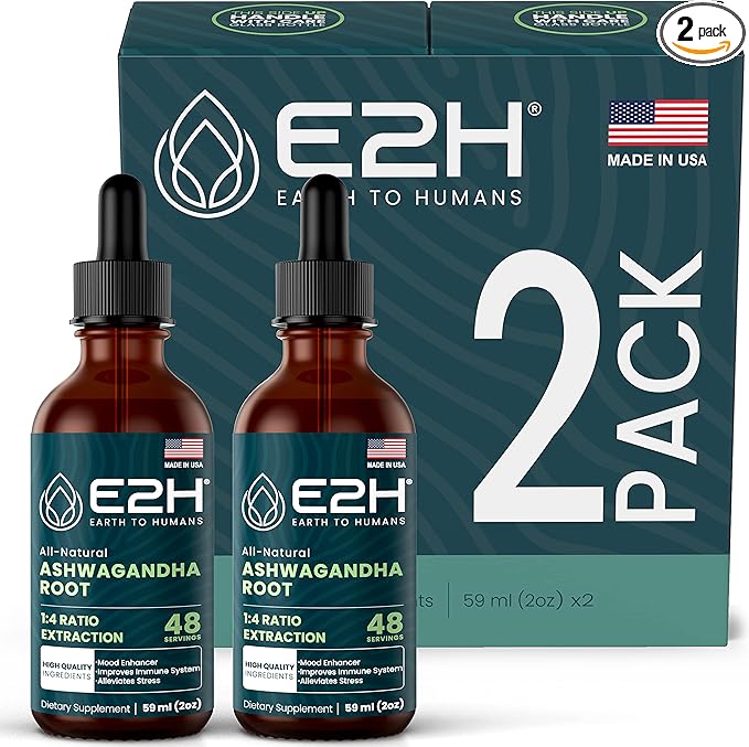 E2H Ashwagandha Liquid Drops - All-Natural Ashwagandha Supplement for Stress Relief and Mood Enhancer- Organic Ashwagandha Root Extract Effective Cortisol Manager | Non-GMO, Vegan (2 Bottles)
