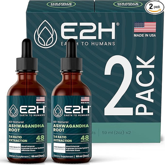 E2H Ashwagandha Liquid Drops - All-Natural Ashwagandha Supplement for Stress Relief and Mood Enhancer- Organic Ashwagandha Root Extract Effective Cortisol Manager | Non-GMO, Vegan (2 Bottles)