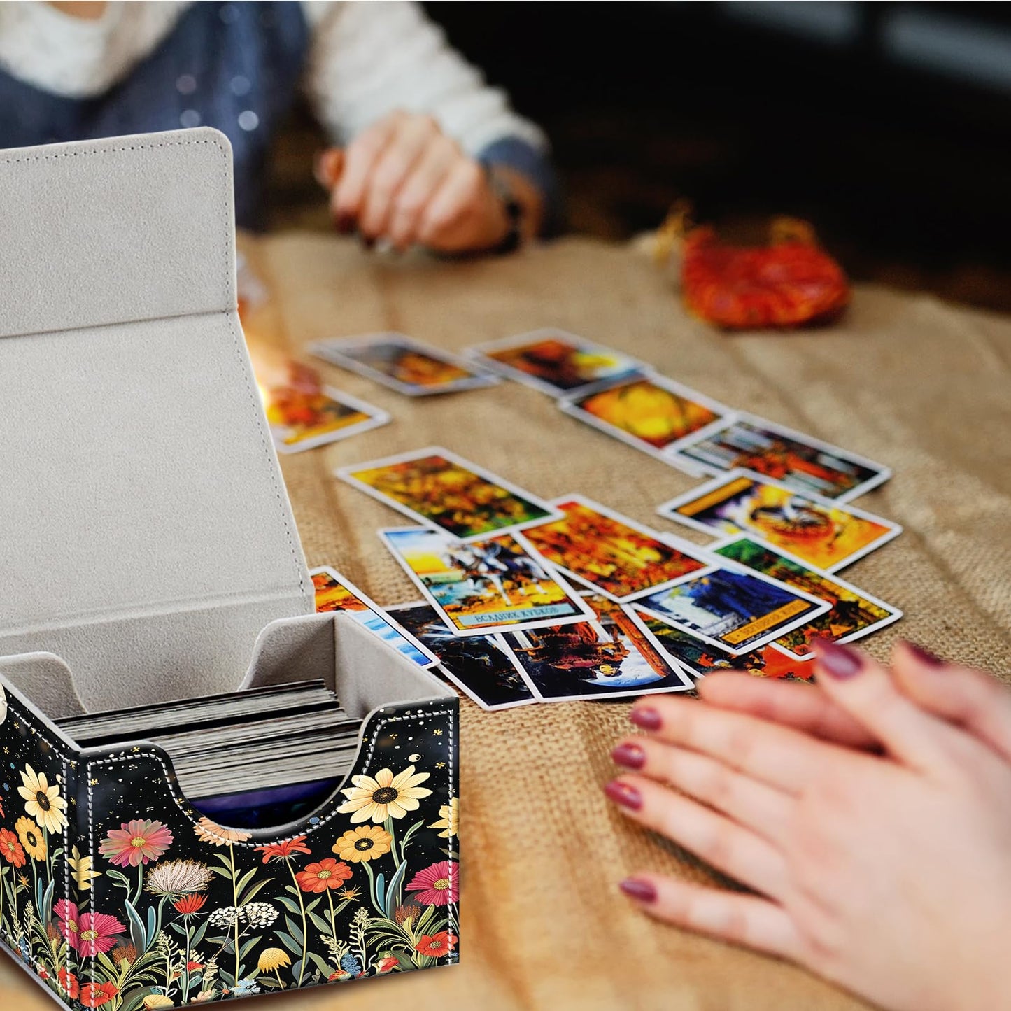 Card Deck Box for MTG Cards,100+ Single Sleeved Cards Trading Card Deck Case,Strong Magnet Magic Gathering Deck Box,PU Leather Trading Card Storage Box for TCG,CCG,MTG Cards,Moon Stars Sky Flower