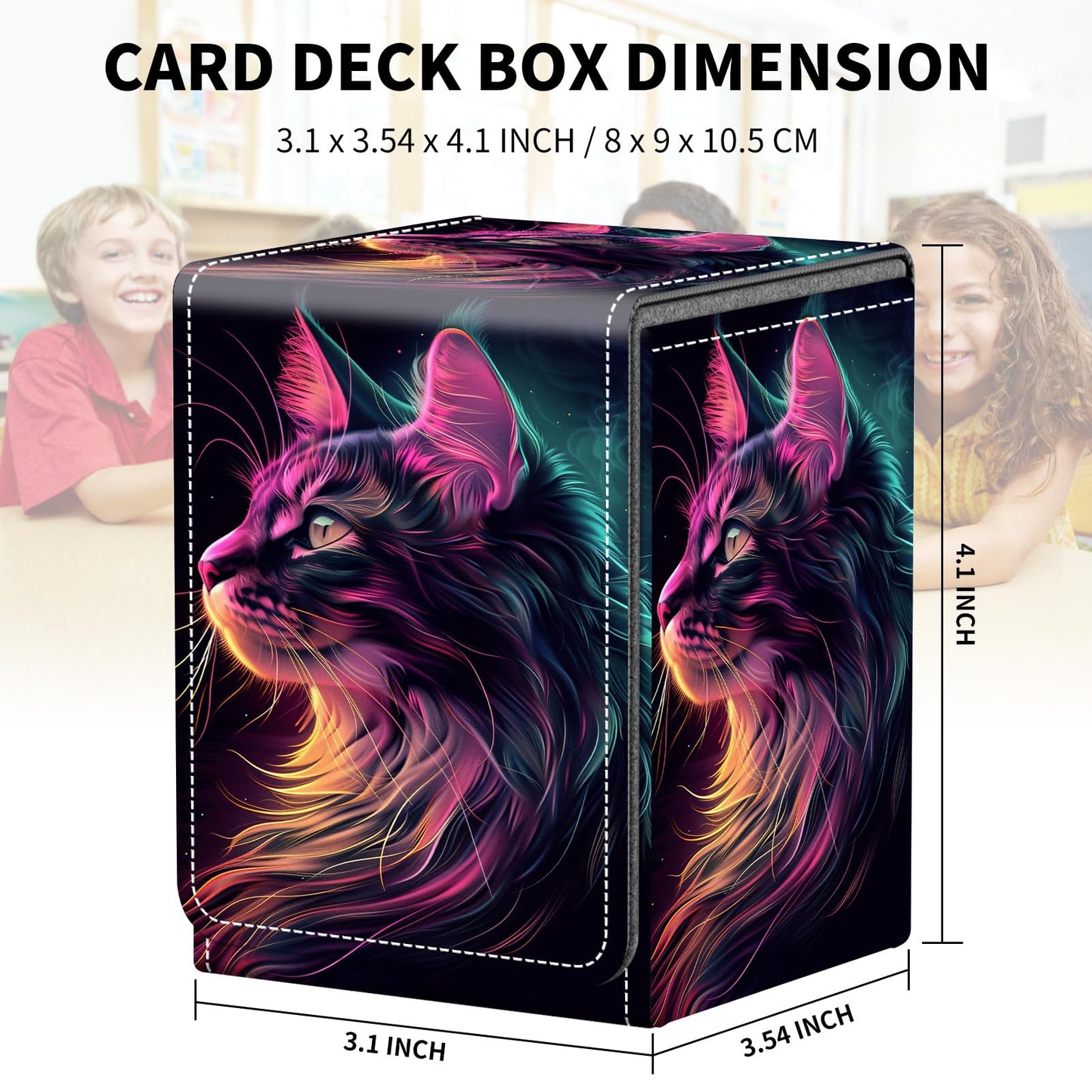 Card Deck Box for MTG Trading Cards, Magic Card Box Can Hold 110+ Single Sleeved Cards, Waterproof PU Leather Material, Strong Magnetic Buckle Card Set Box Suitable for TCG CCG, Neon Colored Cat