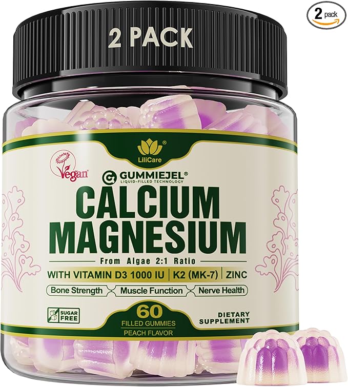 (2 pack) Plant Based Calcium Gummies 600mg with Vitamin D3 K2, Zinc for Bone Strength, Calcium Supplements for Women (Certified Vegan) Sustainably Sourced Algae Calcium Magnesium 2:1 Ratio, Sugar Free