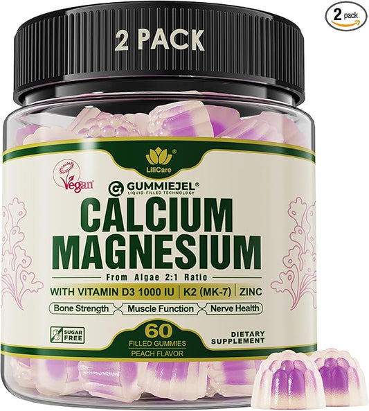 (2 pack) Plant Based Calcium Gummies 600mg with Vitamin D3 K2, Zinc for Bone Strength, Calcium Supplements for Women (Certified Vegan) Sustainably Sourced Algae Calcium Magnesium 2:1 Ratio, Sugar Free