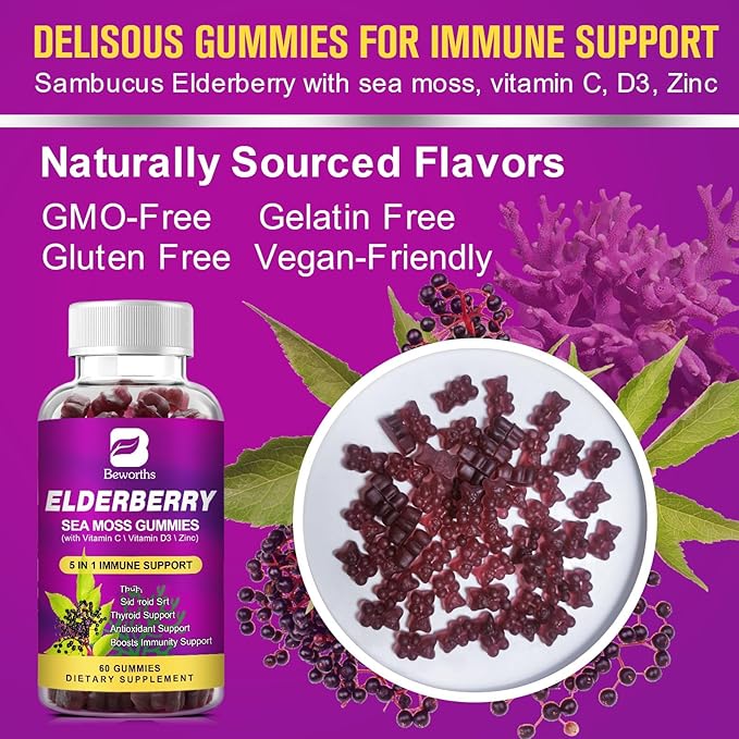 (2 Pack Elderberry Gummies & Irish Sea Moss, Organic Sambucus Elderberry Gummy with Seamoss, Zinc, Vitamin C, D3, Multivitamin Elderberry Vitamins - Sugar-Free