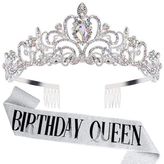 'Birthday Queen'' Sash & Crystal Tiara Kit Cocide Birthday Silver Tiara And Crowns For Women Sash For Girls Pink Birthday Decor