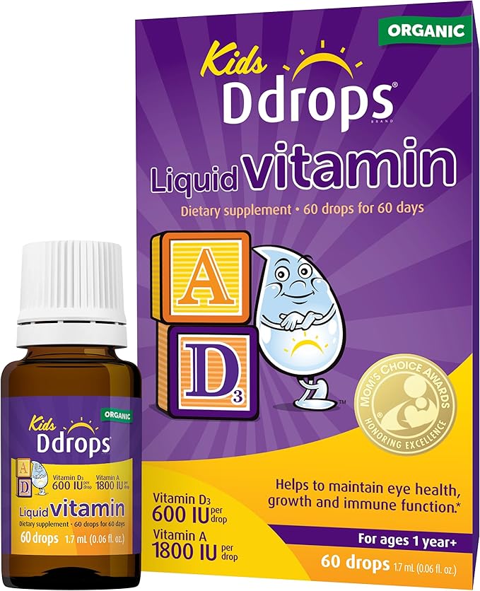 Ddrops® Kids Organic Liquid Vitamins – Daily Vitamins A&D Drops for Kids, 60 Drops. Supports Eye Health, Bone Development and Immune Function. Certified Organic, Non-GMOs, Allergy-Friendly
