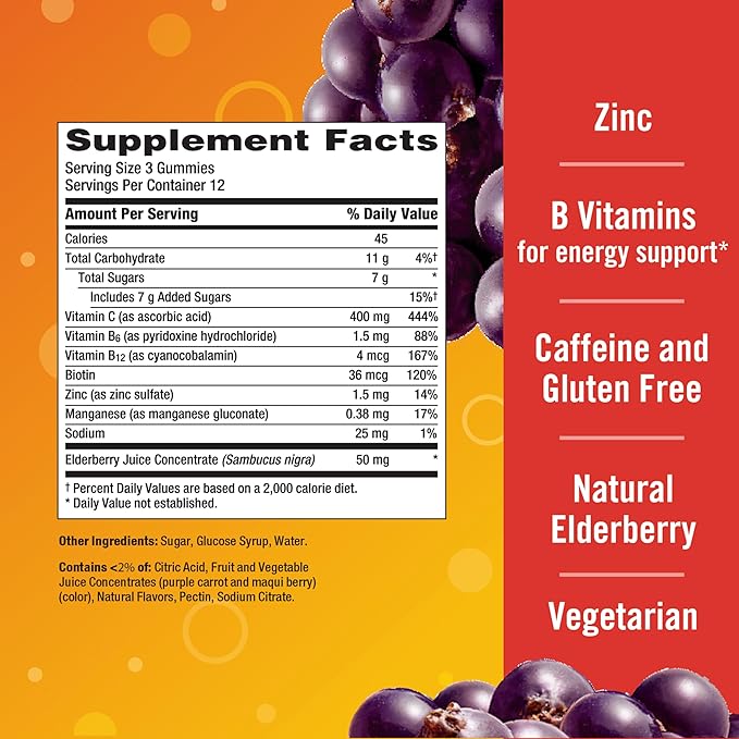 Emergen-C Elderberry Gummies, Elderberry Immune Support Natural Flavors with High Potency Vitamin C, 36 Count