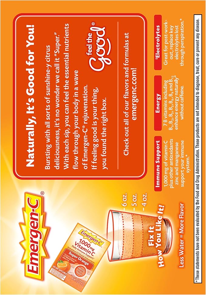 Emergen-C 1000mg Vitamin C Powder for Daily Immune Support Caffeine Free Vitamin C Supplements with Zinc and Manganese, B Vitamins and Electrolytes, Super Orange Flavor -60 Count(Pack of 1)