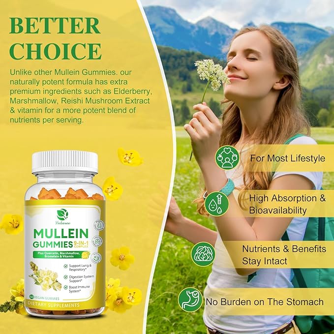 (2 Pack) 9 in 1 Mullein Gummies for Lung Cleanse, Mullein Leaf Extract w/Quercetin, Bromelain, Elderberry & Marshmallow for Respiratory, Immune, Vegan,120 Count