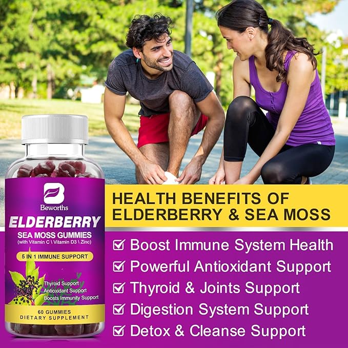 (2 Pack Elderberry Gummies & Irish Sea Moss, Organic Sambucus Elderberry Gummy with Seamoss, Zinc, Vitamin C, D3, Multivitamin Elderberry Vitamins - Sugar-Free
