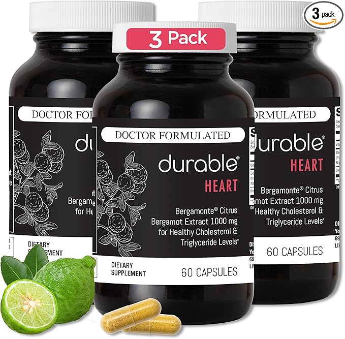 Durable Heart - Extra-Strength 1000 mg Bergamonte Citrus Bergamot + Olive Leaf Extract +Non-GMO Vitamin C – Natural Heart Health Supplement for Healthy Cholesterol Support – Made in the USA (3 Bottle)