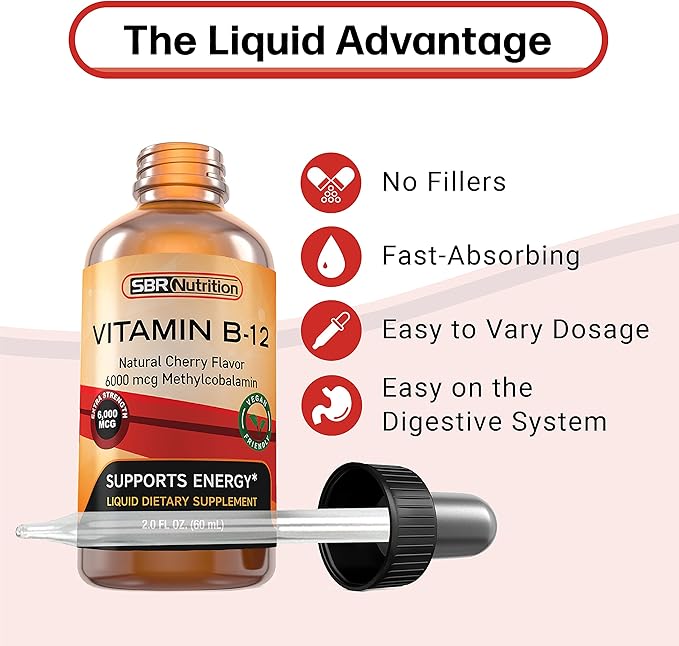 Extra Strength 6000mcg Vitamin B12 Sublingual Liquid Drops - Methylcobalamin, VIT B 12 Supports Energy, Max Absorption, 60 Servings, Non-GMO, Vegan Friendly, Manufactured in The USA