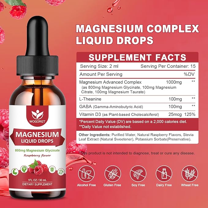 (2 Pack) Magnesium Glycinate Liquid Drops with Citrate & Taurate - High Absorption 1000mg Liquid Magnesium Complex with D3, GABA, L-theanine for Cognition, Muscle & Focus, Raspberry Flavor - 30mL