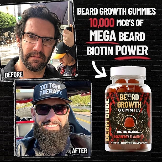 Derm Dude Beard Growth Gummies for Men | Packed With Biotin 10K MCG for Healthier, Thicker, Fuller & Stronger Facial Hair | Restore Hair Breakage & Thinning | Berry Flavored | 60 Gummies 30-Day Supply