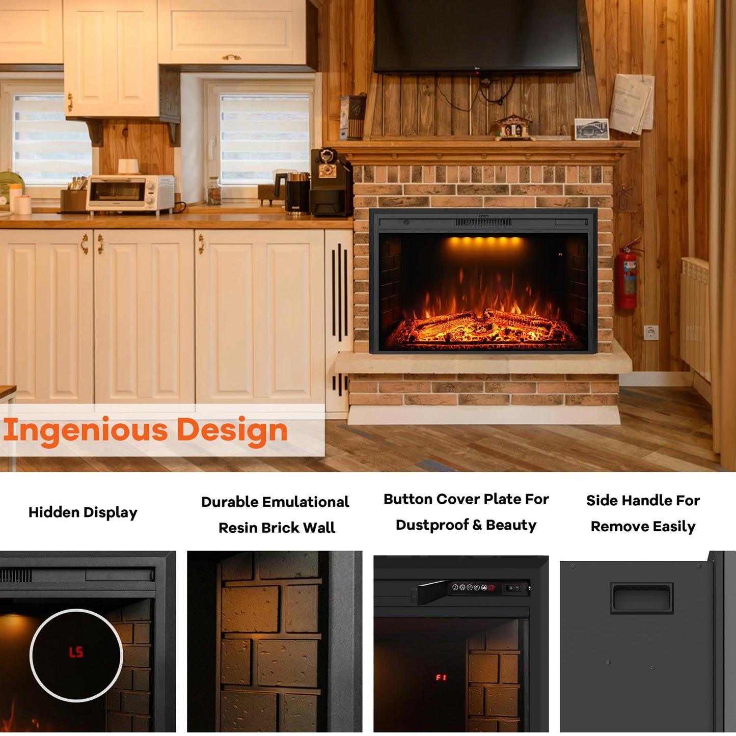 Dreamflame 50 inch Electric Fireplace, Wall Fireplace Electric with Remote Control, Realistic Log and Crackling Sound, Overheating Protection and Timer, 750/1500W Black