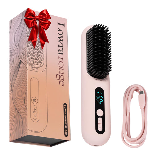 LOWRA ROUGE Hair Straightener Brush, 2 in 1 Negative Ionic Hair Straightening Brush, Cord & Cordless Comb, 30s Fast Heating, For Women Touch-ups On-The-Go, Usb Recharge Auto Shut-Off Function- Pink