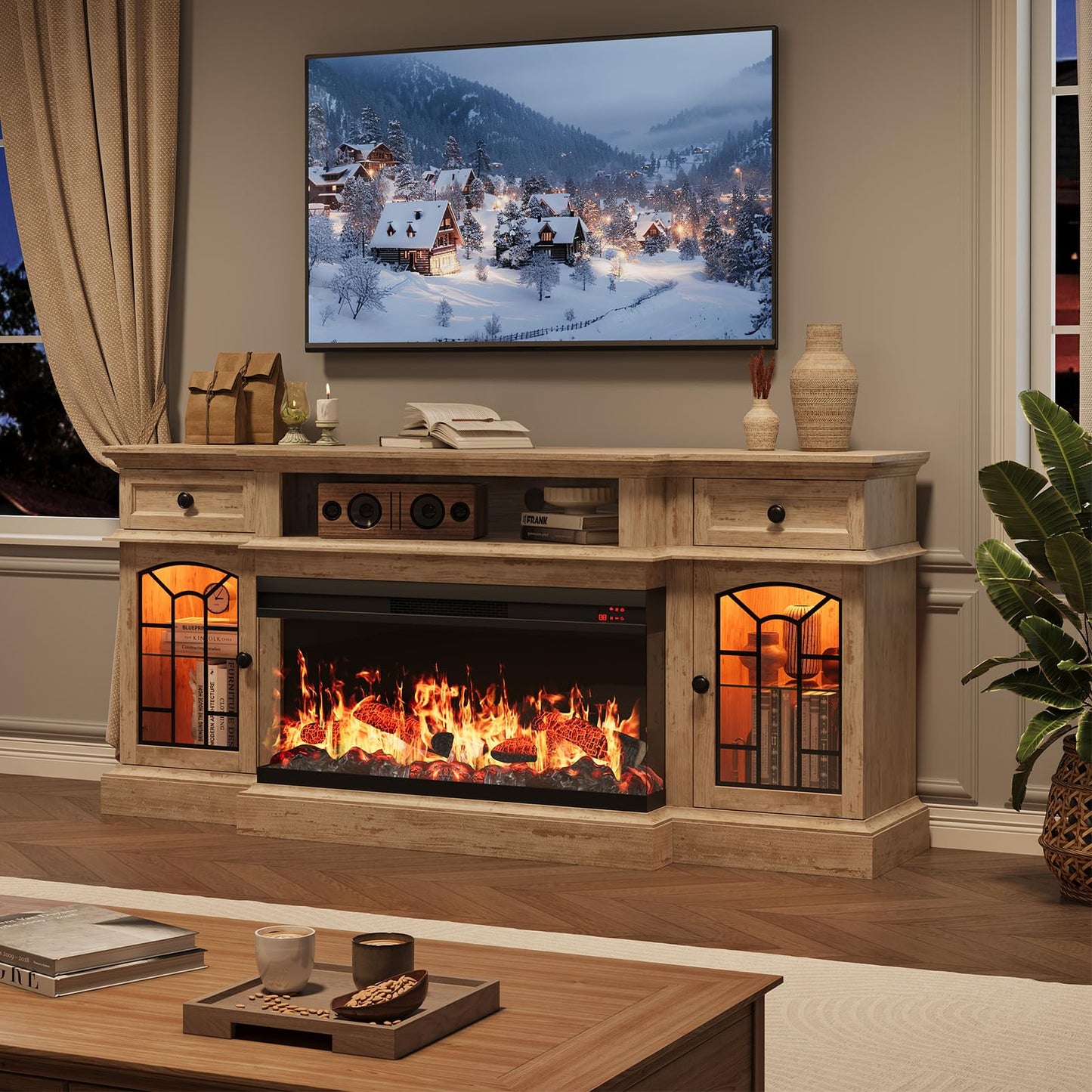 QUW 70" Farmhouse Fireplace TV Stand for TVs up to 80", Entertainment Center with 36" 3-Side Glass Electric Fireplace with Open Shelf and Cabinet, TV Console for Living Room, Antique Brush Grey