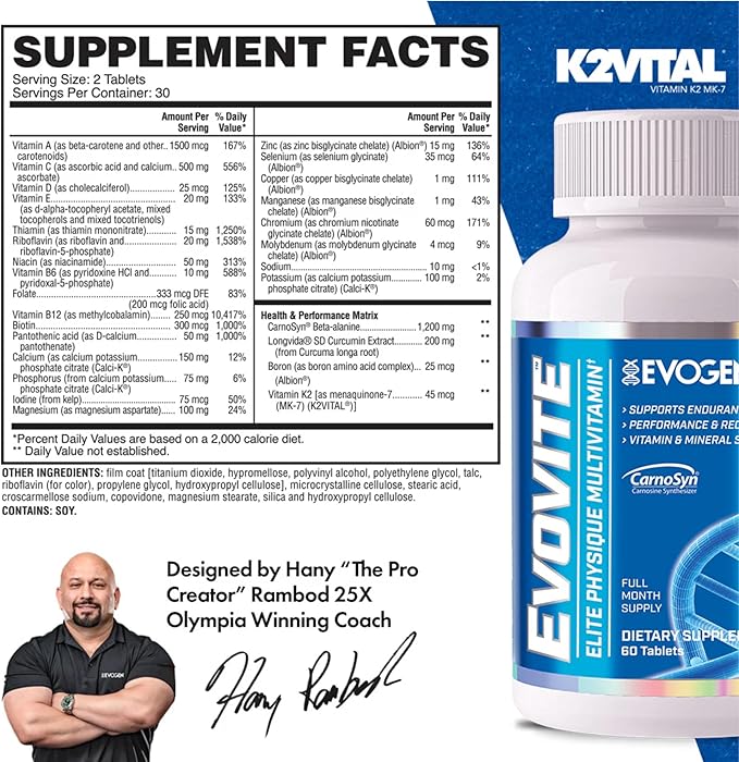 Evogen Evovite - Elite Physique Multivitamin for Women & Men | Advanced Formula for Endurance, Recovery, & Joint Health | Vitamins & Mineral Support | 30 Servings