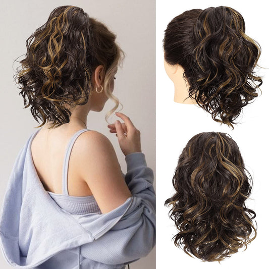 SEIKEA Highight Ponytail Extension Jaw Claw 10" Short Thick Wavy Curly Soft Natural Looking Clip in Synthetic Hairpiece One Piece Fake Pony Tails for Women Dark Brown with Golden Blonde Highlights