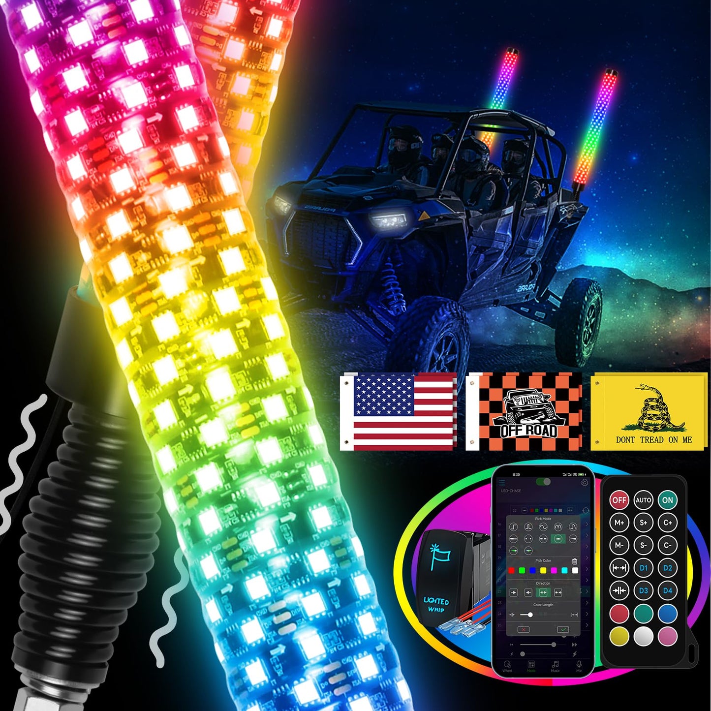 Elesovu 2PCS 3FT Fat LED Lights with Spring Base, RGB Chasing Lighted Antenna Whips with App & Remote Control, Music Lights for UTV ATV Can-Am Truck