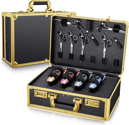 Noverlife Gold Password Lock Barber Carrying Case, Large Salon Hair Cutting Tools Storage Box, Portable Hairdresser Travel Suitcase Grooming ScissorsOrganizer for Hairstylist Makeup Artist Pet Groomer