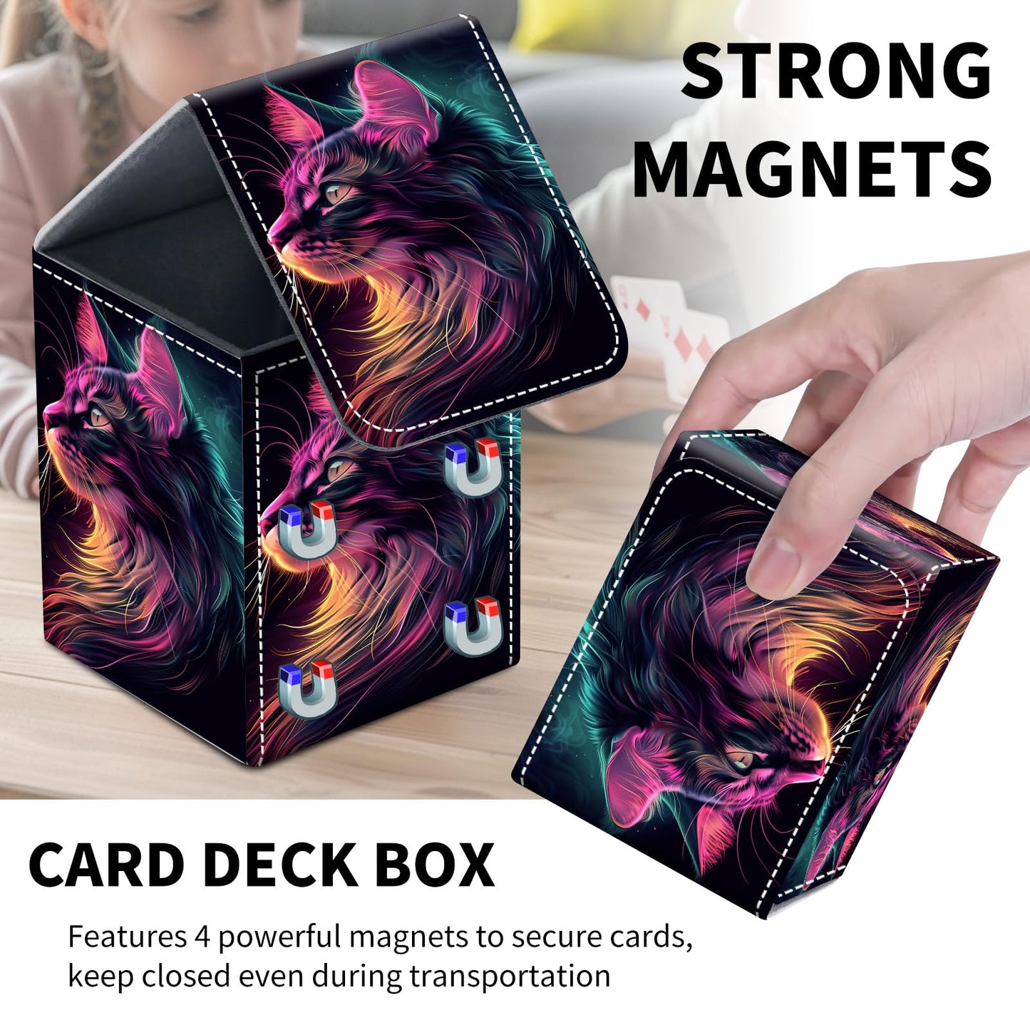 Card Deck Box for MTG Trading Cards, Magic Card Box Can Hold 110+ Single Sleeved Cards, Waterproof PU Leather Material, Strong Magnetic Buckle Card Set Box Suitable for TCG CCG, Neon Colored Cat