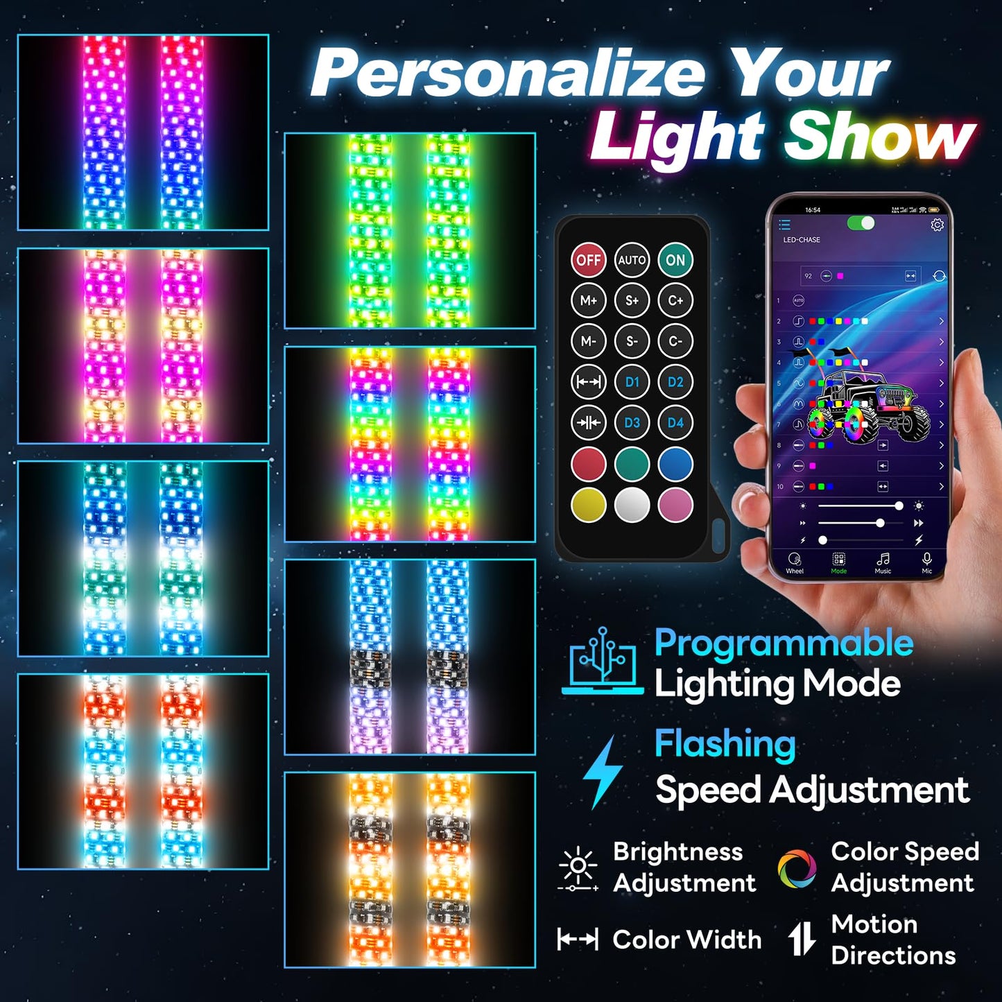 Elesovu 2PCS 3FT Fat LED Lights with Spring Base, RGB Chasing Lighted Antenna Whips with App & Remote Control, Music Lights for UTV ATV Can-Am Truck