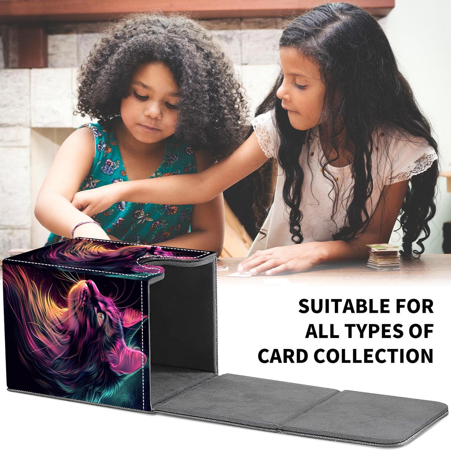 Card Deck Box for MTG Trading Cards, Magic Card Box Can Hold 110+ Single Sleeved Cards, Waterproof PU Leather Material, Strong Magnetic Buckle Card Set Box Suitable for TCG CCG, Neon Colored Cat