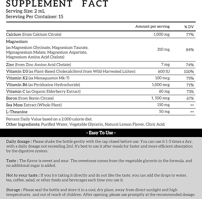 (1 Pack) Magnesium Calcium Zinc Supplement with Vitamin D3 K2 for Women, Magnesium Glycinate Vegan Liquid Drops for Adult Plus L-Theanine Boron Sea Moss Extract, Bone, Sleep & Leg Cramps, 1 Fl Oz