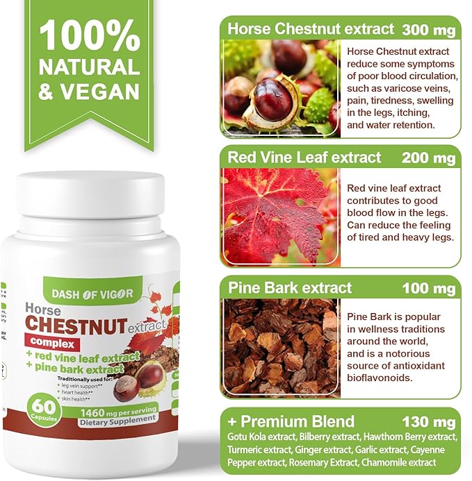 Dash of Vigor 12-in-1 Horse Chestnut Extract Complex, Red Vine Leaf Extract Supplement, Pine Bark, Turmeric, Hawthorn Berry, Ginger, Cayenne Pepper, Chamomile, Leg Vein Support, 1460 mg, 60 Capsules