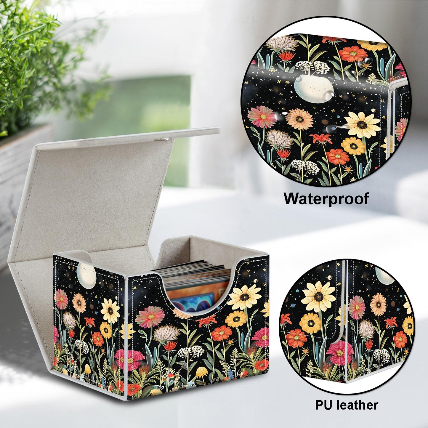 Card Deck Box for MTG Cards,100+ Single Sleeved Cards Trading Card Deck Case,Strong Magnet Magic Gathering Deck Box,PU Leather Trading Card Storage Box for TCG,CCG,MTG Cards,Moon Stars Sky Flower