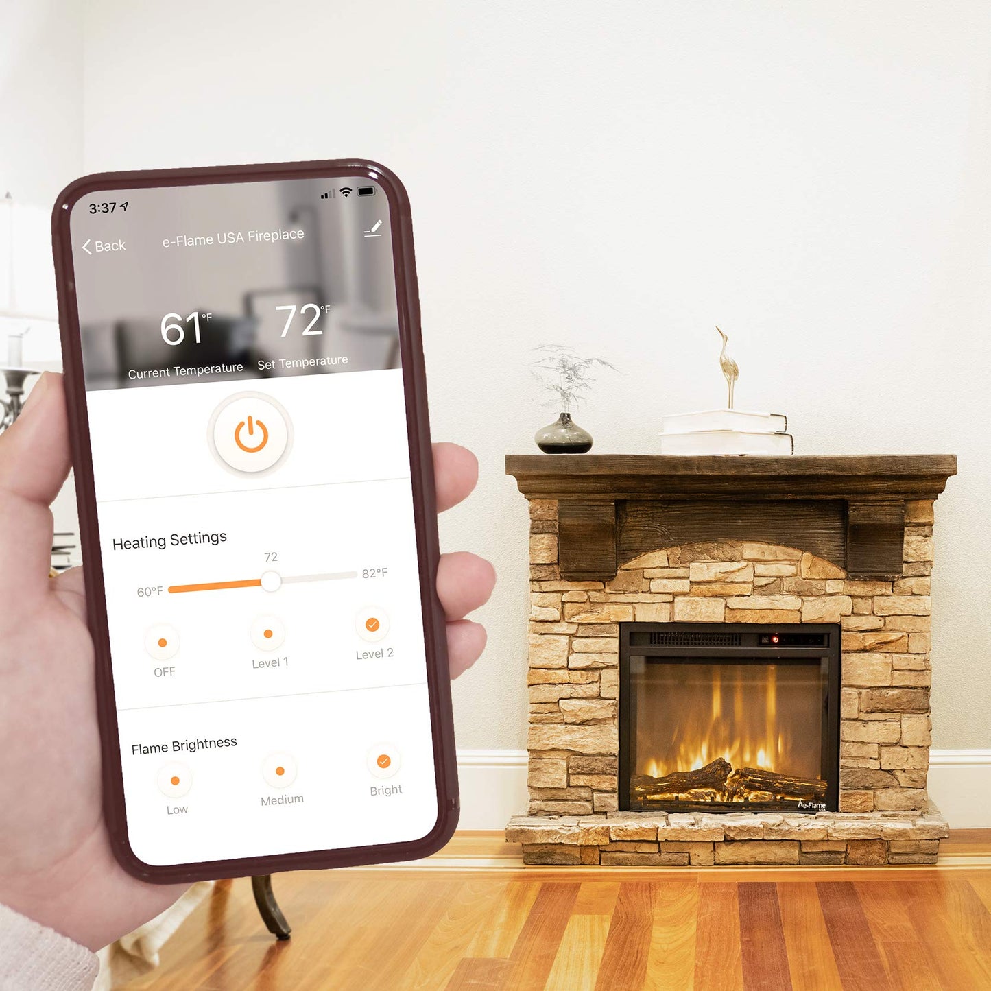 e-Flame USA Kodiak LED Electric Fireplace Stove - Faux Wood and Stone Mantel - Remote - 3D Log and Fire