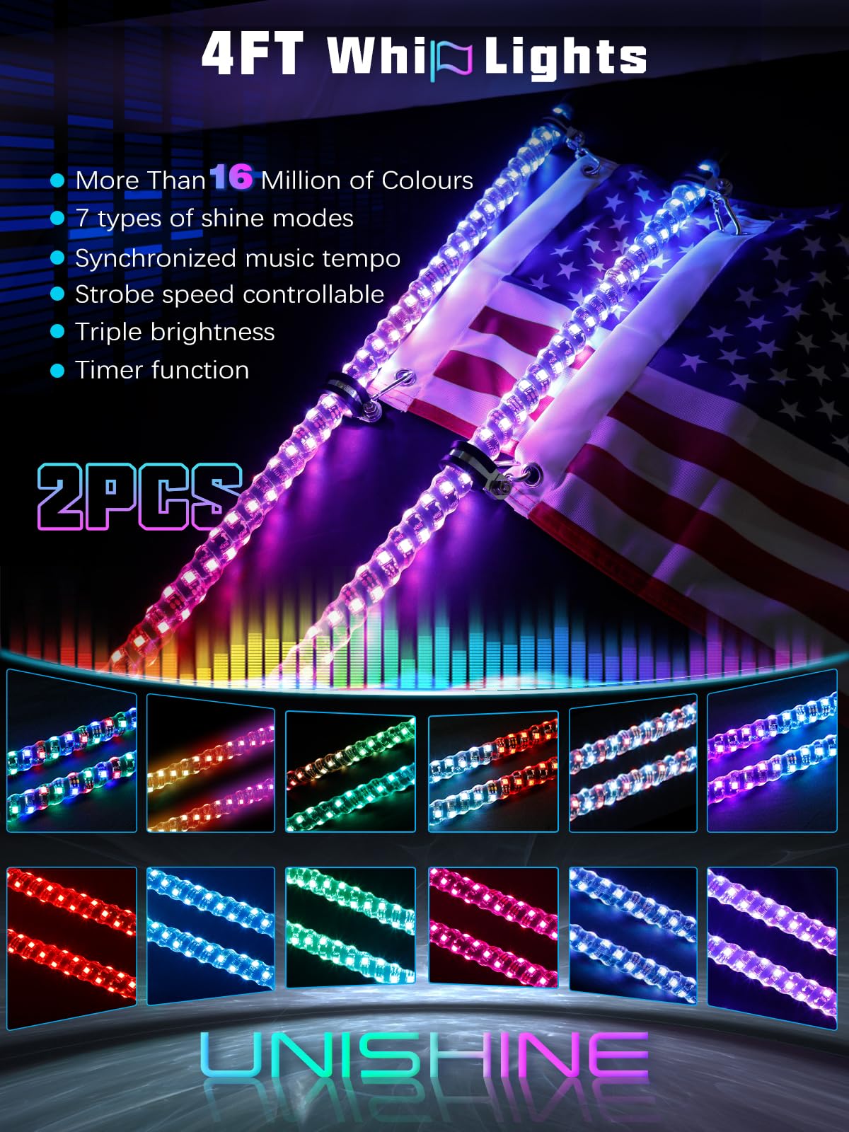 UNI-SHINE 2PCS 4FT LED Whip Lights with Spring Base Spiral RGB Chasing Lights with APP & Remote Control, Music Antenna Whip Light for Can-Am UTV ATV RZR Can-Am SXS Polaris Offroad