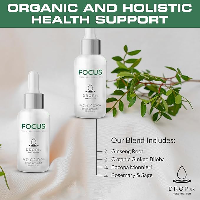 DropRx Focus by Dr. Nicole Saphier – Ginkgo Biloba & Ginseng, Bacopa, Rosemary & Sage for Memory Improvement and Brain Focus – Organic, Non-GMO, Vegan, Gluten-Free, Kosher, Made in USA (2 Fl Oz)