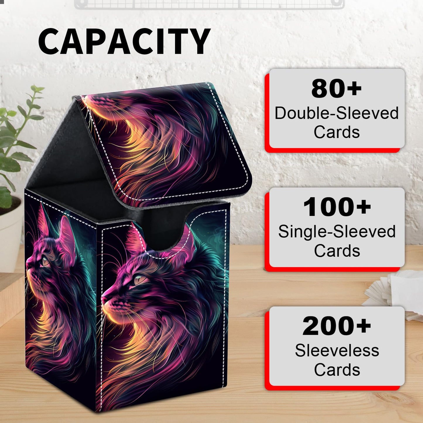 Card Deck Box for MTG Trading Cards, Magic Card Box Can Hold 110+ Single Sleeved Cards, Waterproof PU Leather Material, Strong Magnetic Buckle Card Set Box Suitable for TCG CCG, Neon Colored Cat