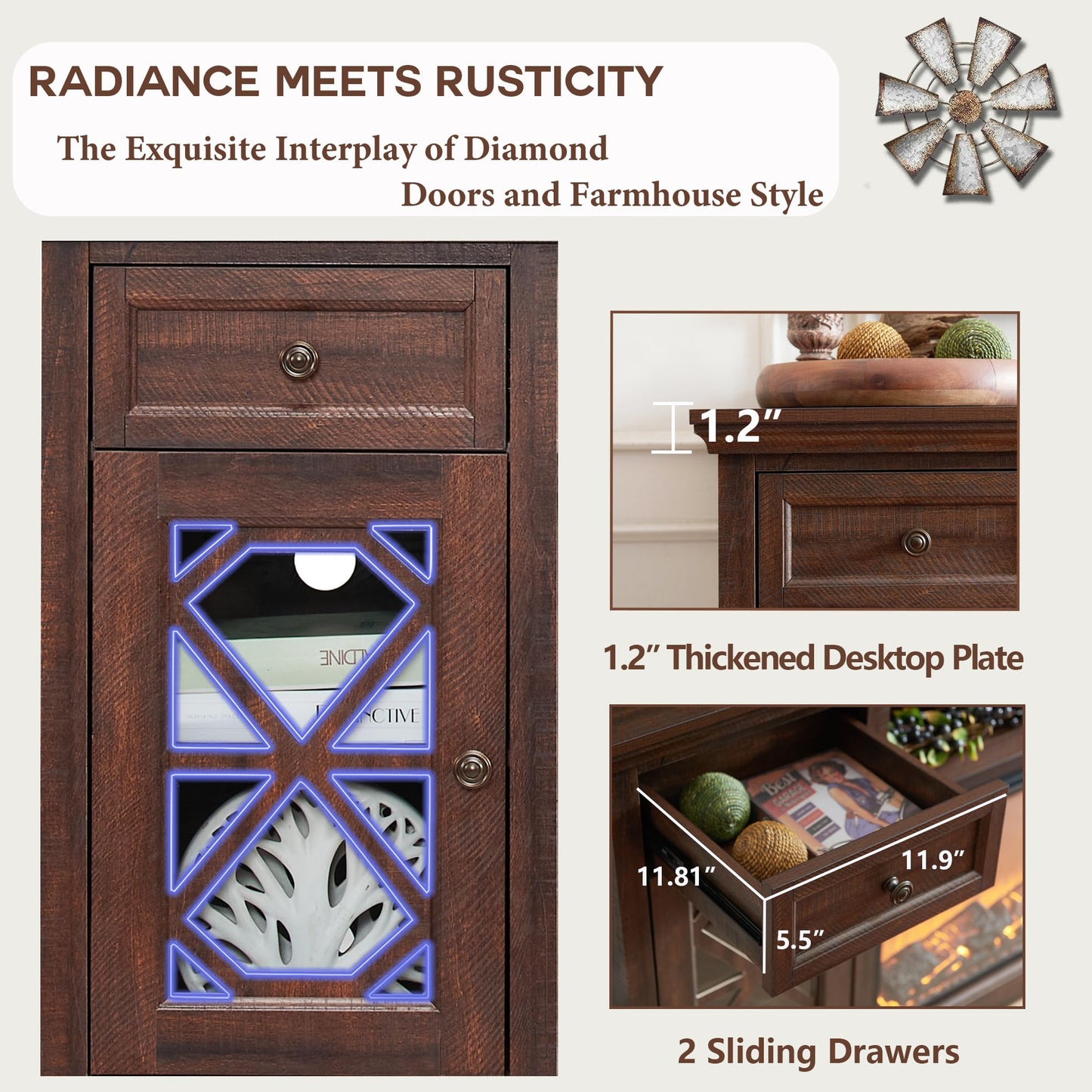 Farmhouse Electric Fireplace TV Stand for 80 Inch TVs, 31" Tall Highboy Entertainment Center w/36 Large Electric Fireplace & 2 Drawer, Diamond Panel Door for Living Room, 70inch, Brown