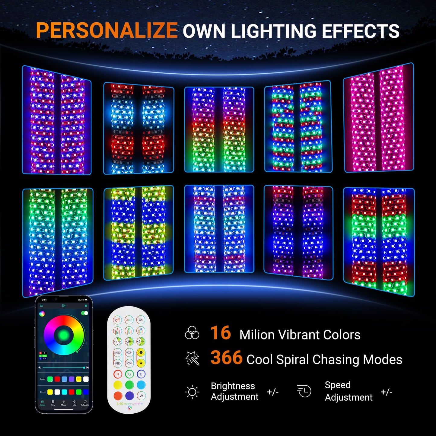 Ehaho 2PCS 2FT Fat Whip Lights for UTV ATV with Spring Base, Led Fatty Whip Light W/Rocker Switch & 6 Flags, Brighter Spiral Chasing Lighted Antenna Whip with APP & Remote Control for RZR SXS Can-Am