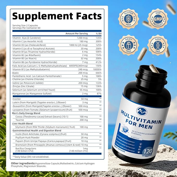 (2 Pack) Multivitamin for Men - Daily Mens Multivitamins with Vitamin D, B12, Zinc, Folic Acid, Lycopene and Prebiotics for Men's Wellness, Immune Support, Energy and Vitality, 240 Capsules