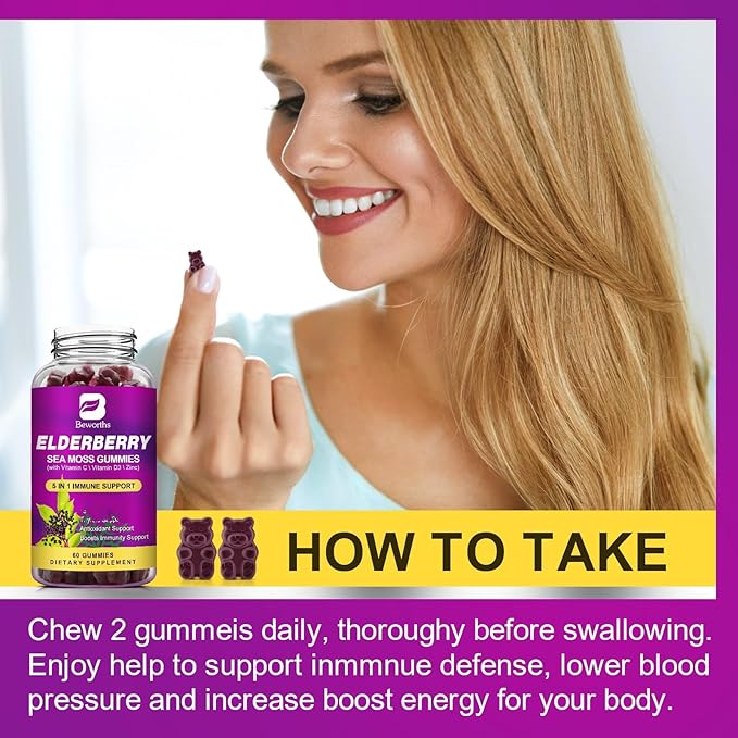 (2 Pack Elderberry Gummies & Irish Sea Moss, Organic Sambucus Elderberry Gummy with Seamoss, Zinc, Vitamin C, D3, Multivitamin Elderberry Vitamins - Sugar-Free