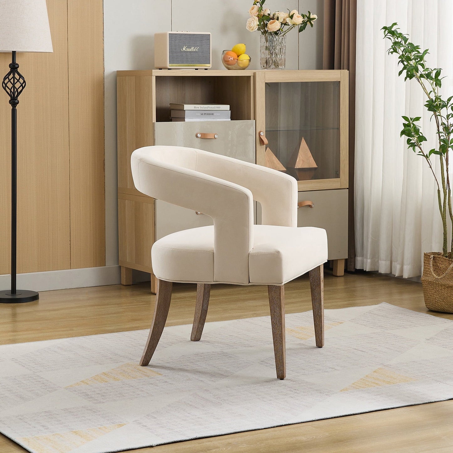 Qiushi 25.79" Wide Modern Barrel Open Back Upholstered Velvet Armchair Accent Chair with Weathered Solid Wood Legs Dining Chairs for Dining Room, Club, Kitchen, Living Room Café, Beige
