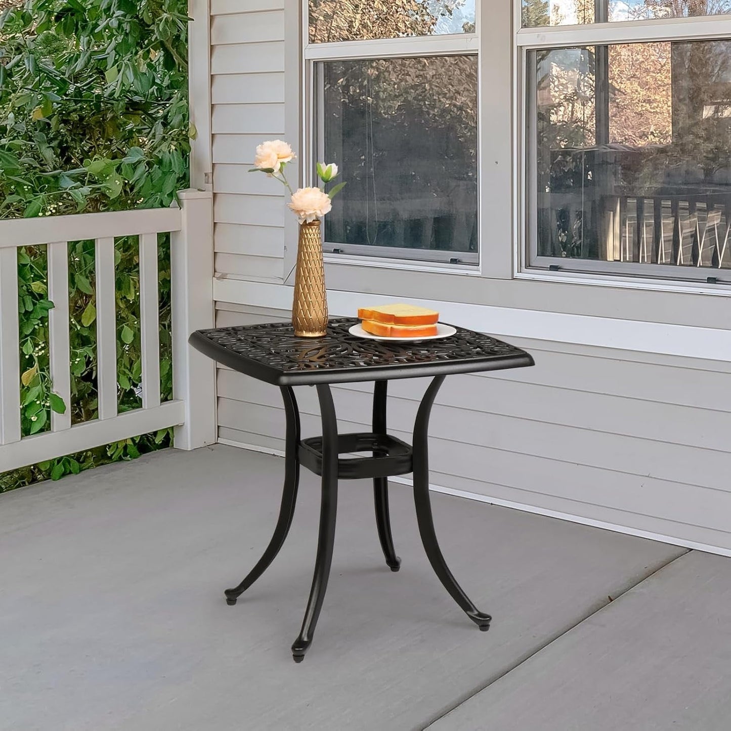 PINDEE Cast Aluminum Outdoor Side Table with Umbrella Hole, All Weather Round Patio Bistro Table,The appearance is exquisite, fashionable, and high-end.(Black)